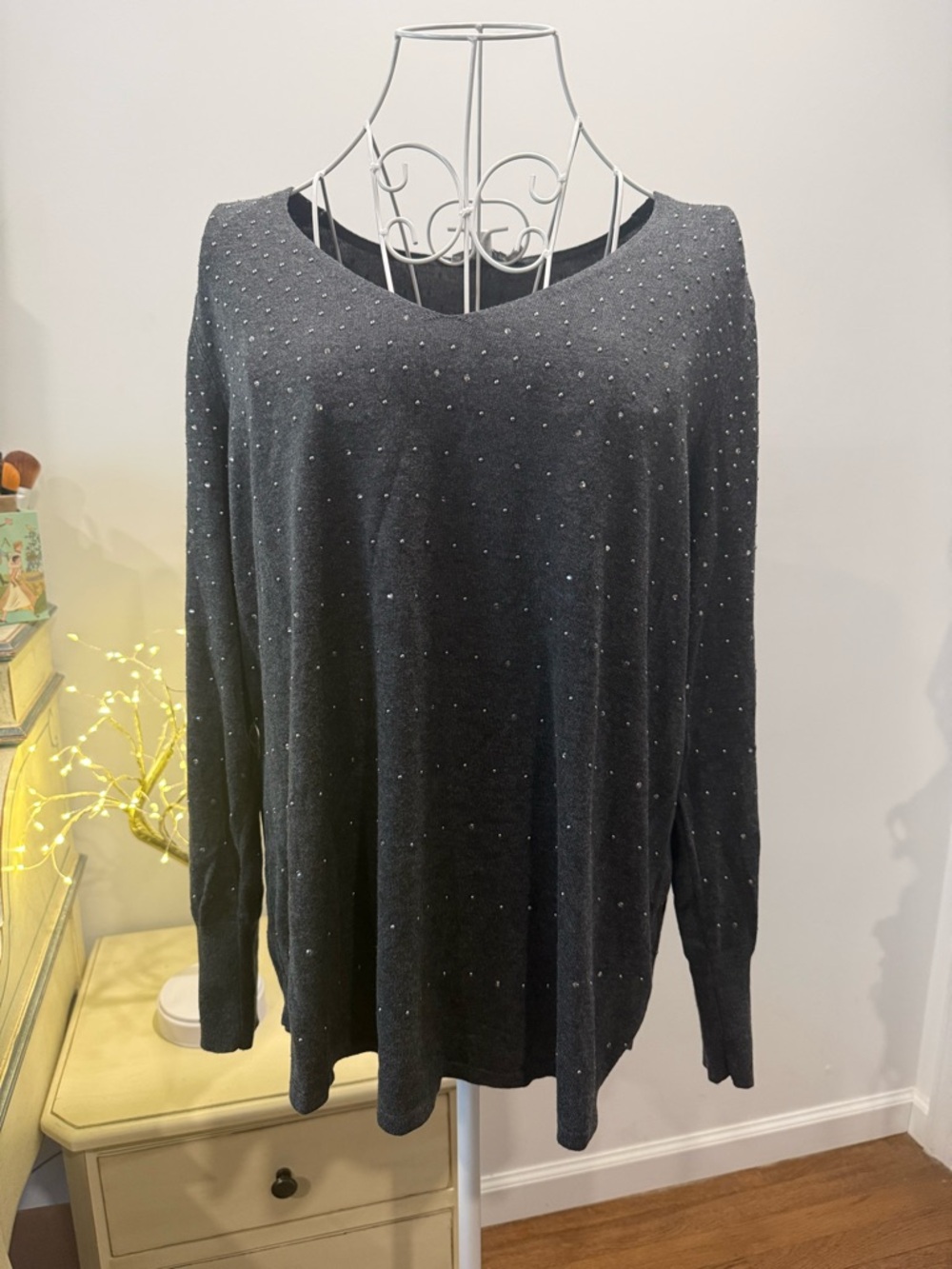 Chico's Charcoal Gray Embellished Scoop Neck Sweater